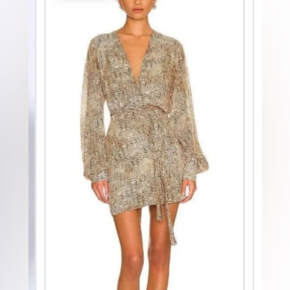 Alexis Dula Dress Animal Print Mini Belted Vneck NWT Medium Leopard tulle fringe